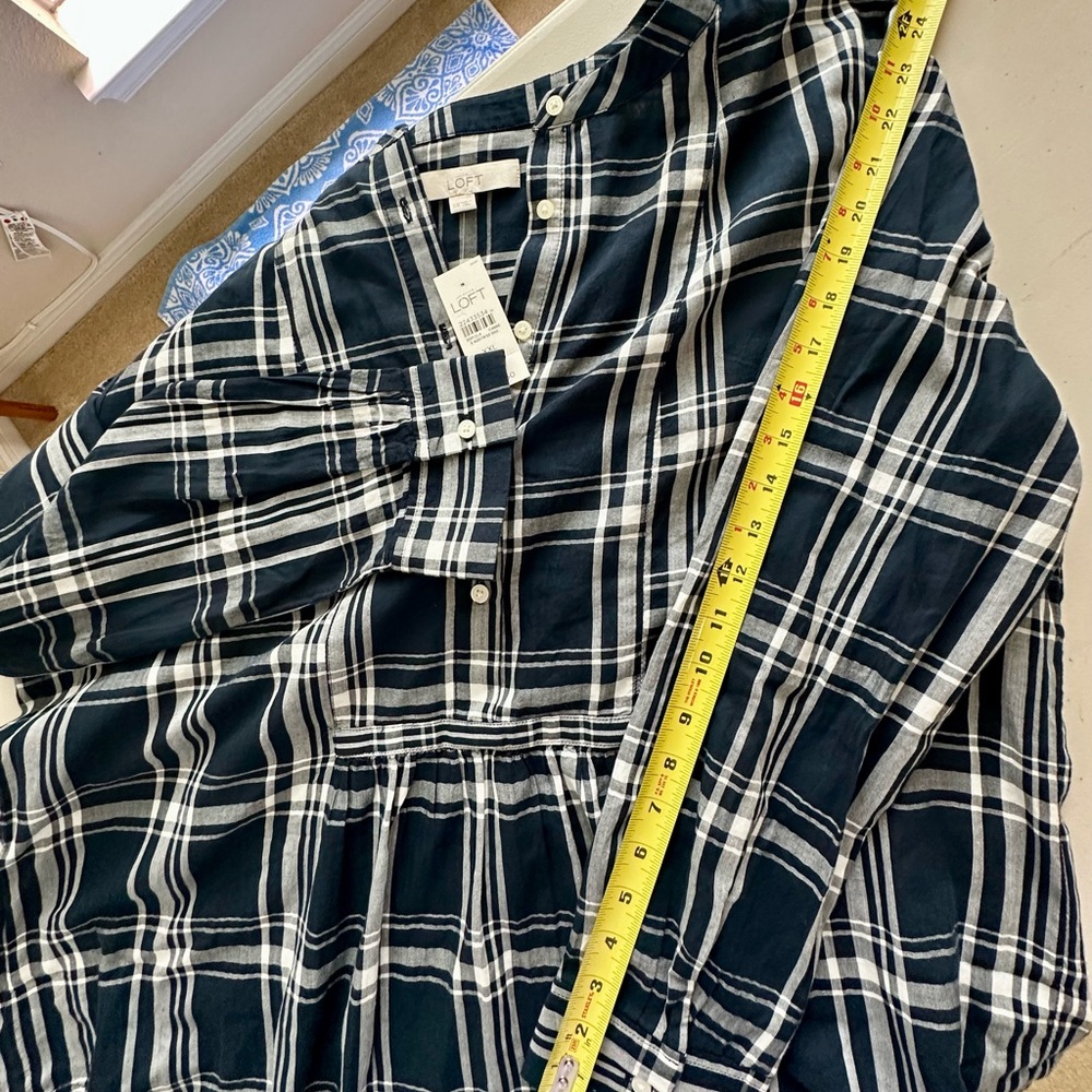 LOFT Navy Plaid Button Down Shirt 100% cotton. - Picture 6 of 11
